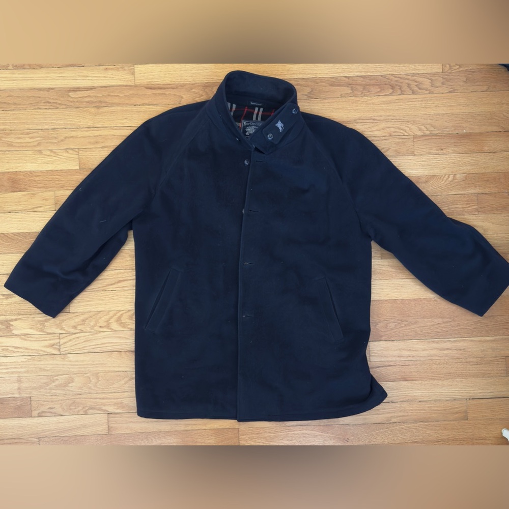 Burberry Men's Navy Blue Wool Car Coat with Plaid Lining - Picture 2 of 13